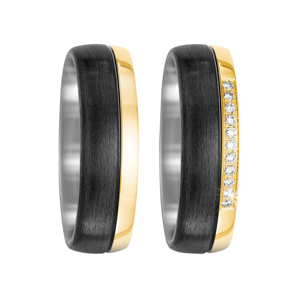 Zenubia Schmuck AG ➤ Trauringe aus Titan, 750/18 K Gelbgold und Carbon mit 0,11 Karat Brillanten ➤ Titan, Gelbgold, Carbon / silber, schwarz, gold ➤ Titanfactory ➤ online bei Zenubia in Winterthur kaufen ➤ sofort lieferbar